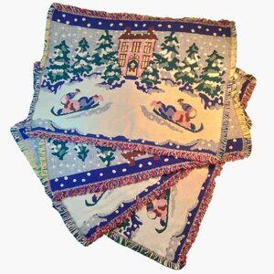 Sledding Snow Scene Tapestry Placemat Vintage Christmas Woven 18 x 14 lot 4
